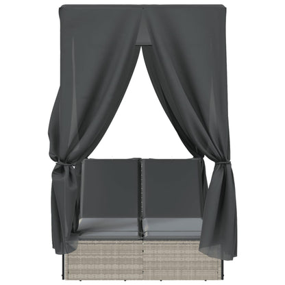 Double sun lounger with roof and curtains in light grey poly rattan