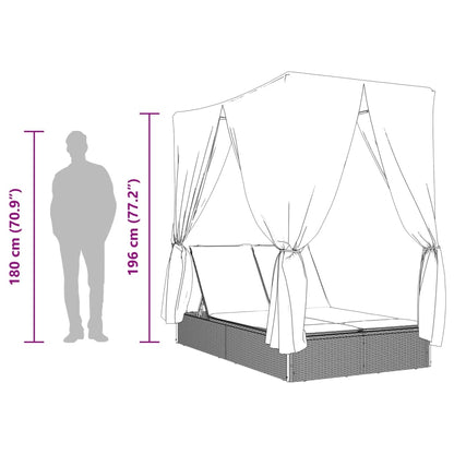Double sun lounger with roof and curtains in light grey poly rattan