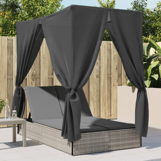 Double sun lounger with roof and curtains in light grey poly rattan