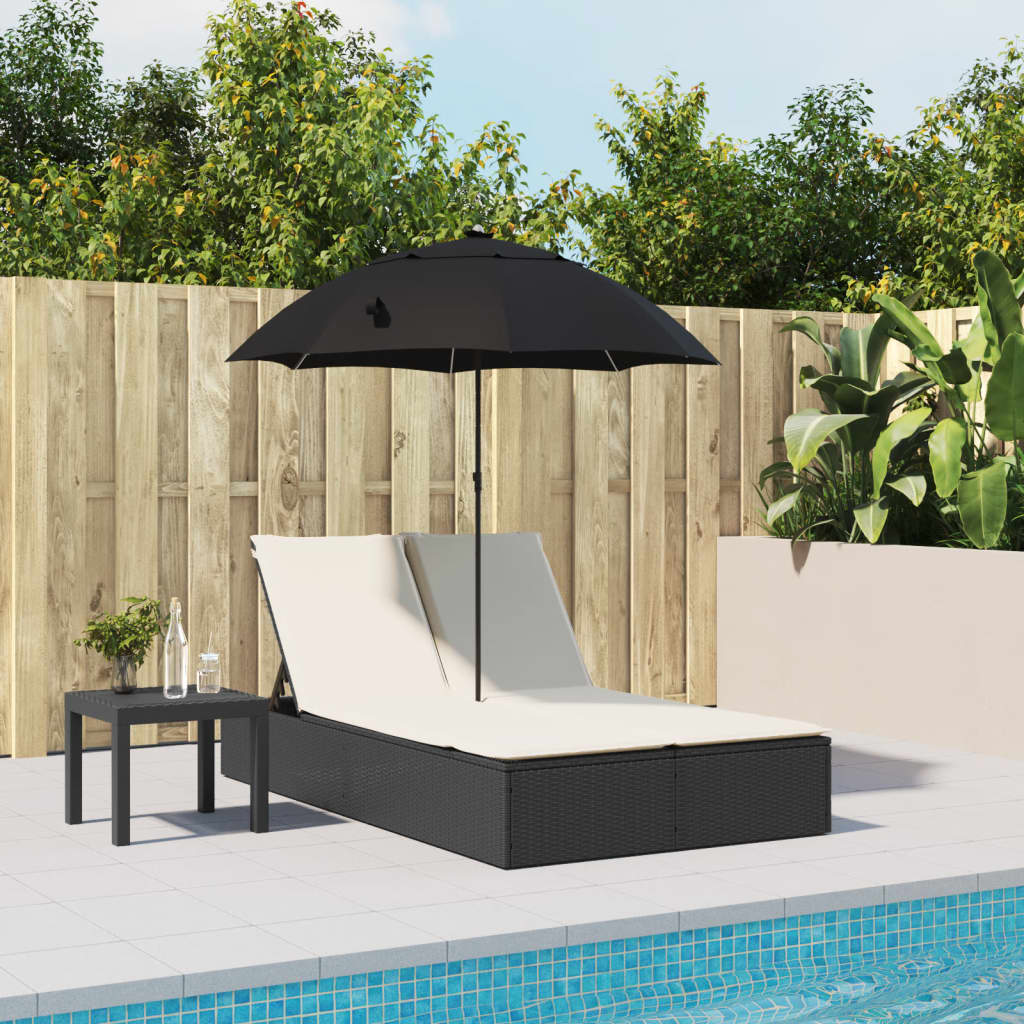 Double sun lounger with cushions and parasol in black PE wicker