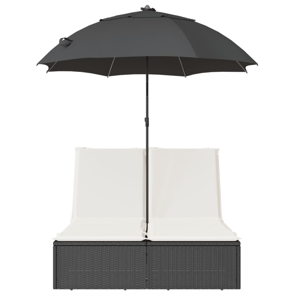 Double sun lounger with cushions and parasol in black PE wicker