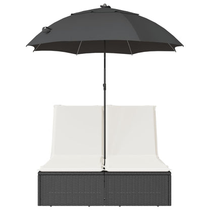 Double sun lounger with cushions and parasol in black PE wicker