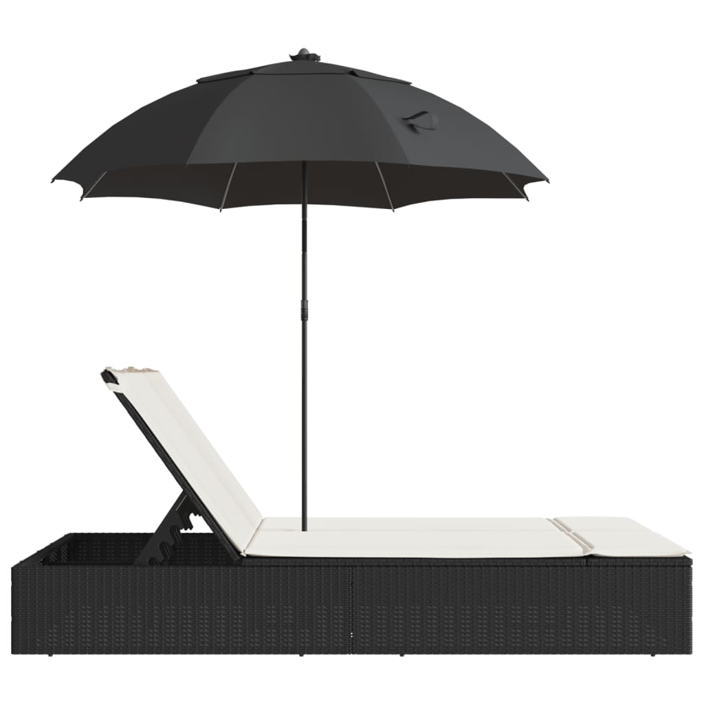 Double sun lounger with cushions and parasol in black PE wicker