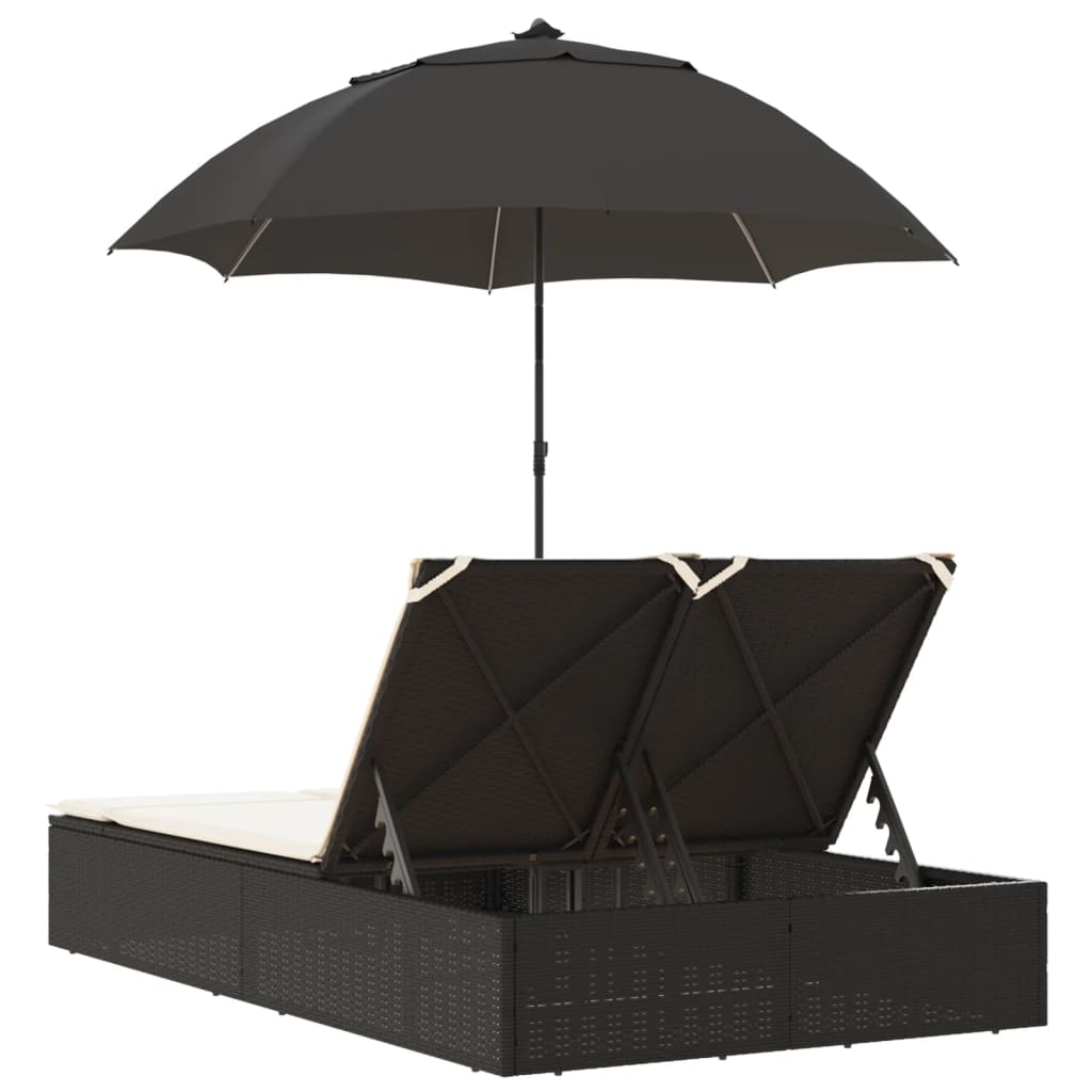 Double sun lounger with cushions and parasol in black PE wicker