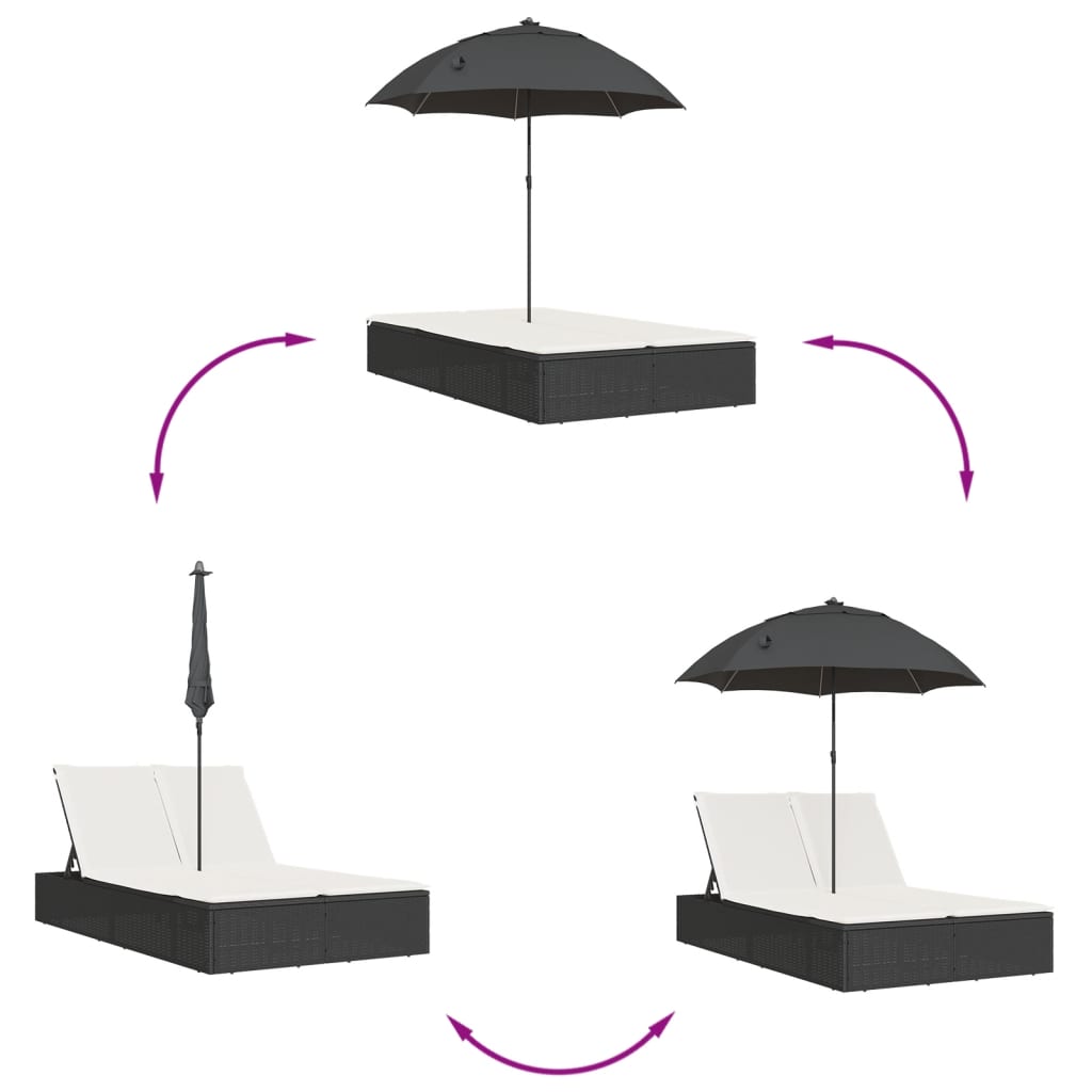 Double sun lounger with cushions and parasol in black PE wicker