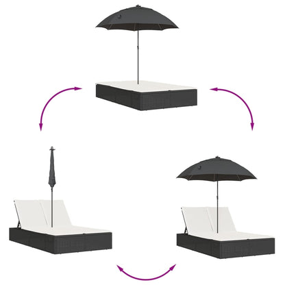 Double sun lounger with cushions and parasol in black PE wicker