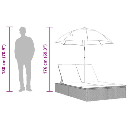 Double sun lounger with cushions and parasol in black PE wicker