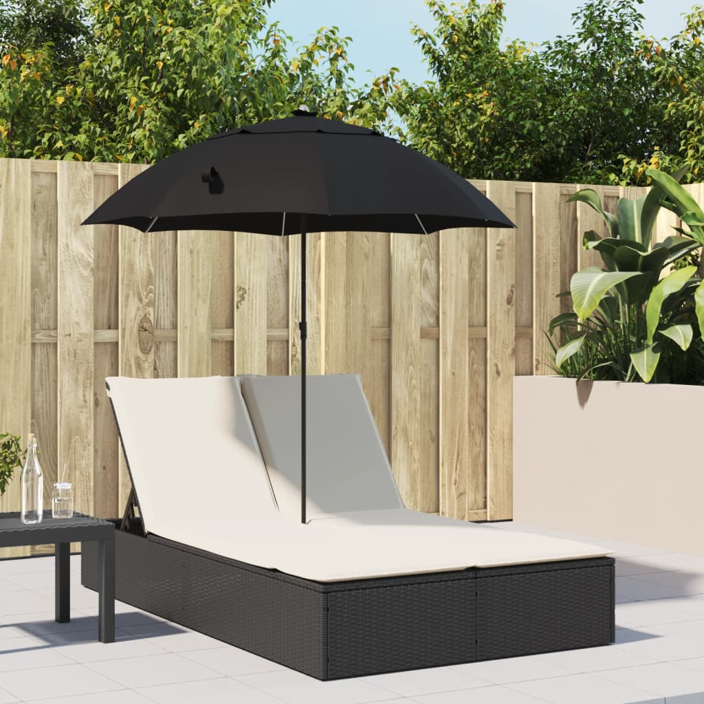 Double sun lounger with cushions and parasol in black PE wicker