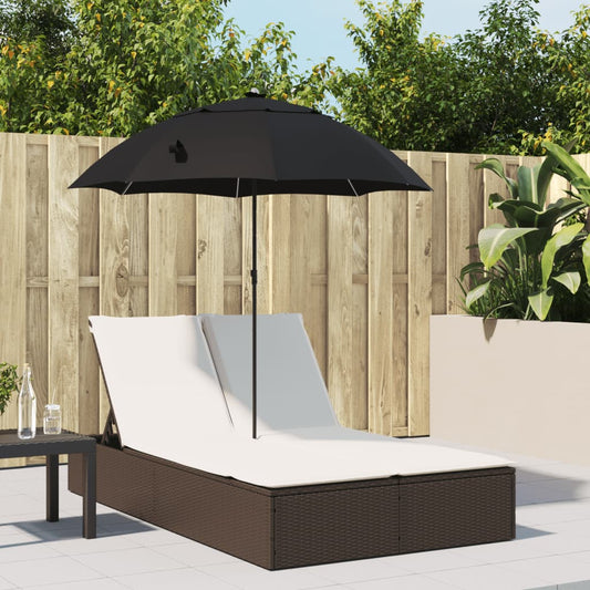 Double sun lounger with cushions and parasol in brown PE wicker