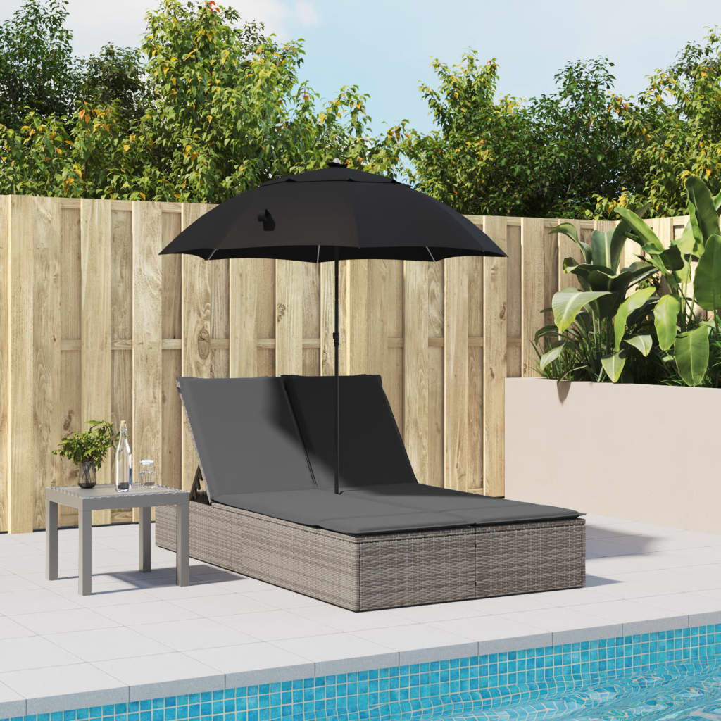 Double sun lounger with cushions and parasol in brown PE wicker
