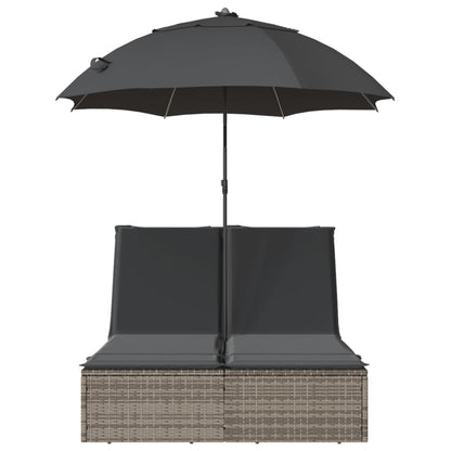 Double sun lounger with cushions and parasol in brown PE wicker