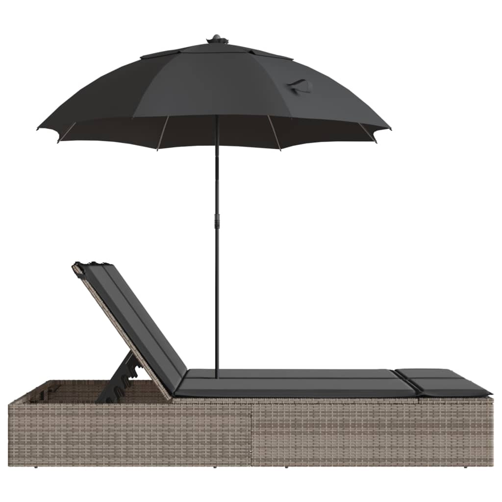 Double sun lounger with cushions and parasol in brown PE wicker
