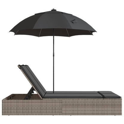 Double sun lounger with cushions and parasol in brown PE wicker
