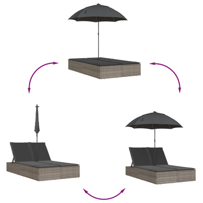 Double sun lounger with cushions and parasol in brown PE wicker