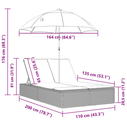 Double sun lounger with cushions and parasol in brown PE wicker