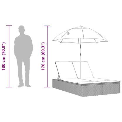 Double sun lounger with cushions and parasol in brown PE wicker