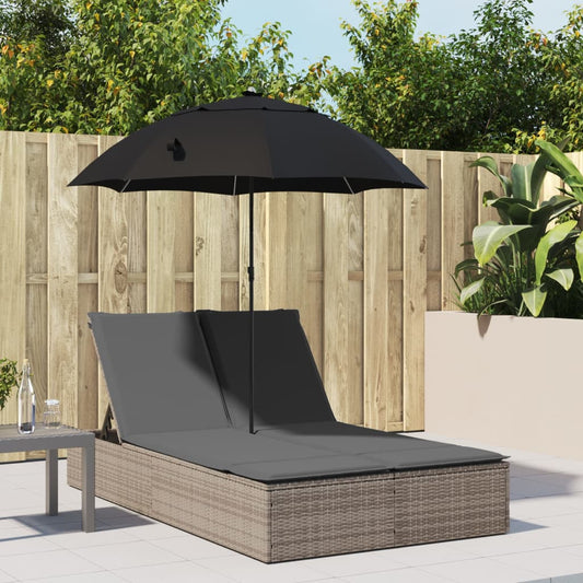 Double sun lounger with cushions and parasol in brown PE wicker