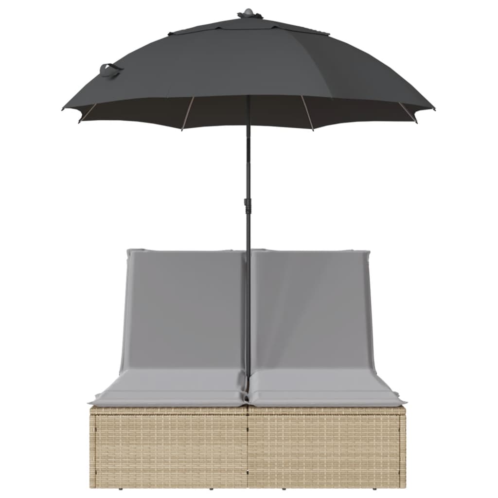 Double sun lounger with cushions and parasol in PE wicker, beige