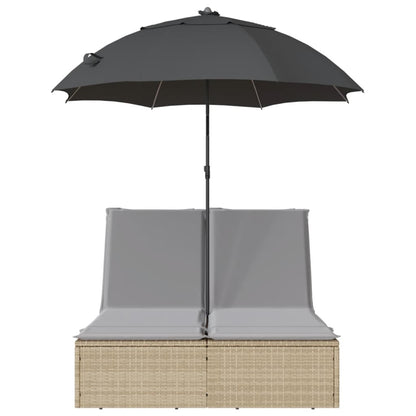 Double sun lounger with cushions and parasol in PE wicker, beige