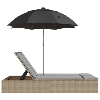 Double sun lounger with cushions and parasol in PE wicker, beige