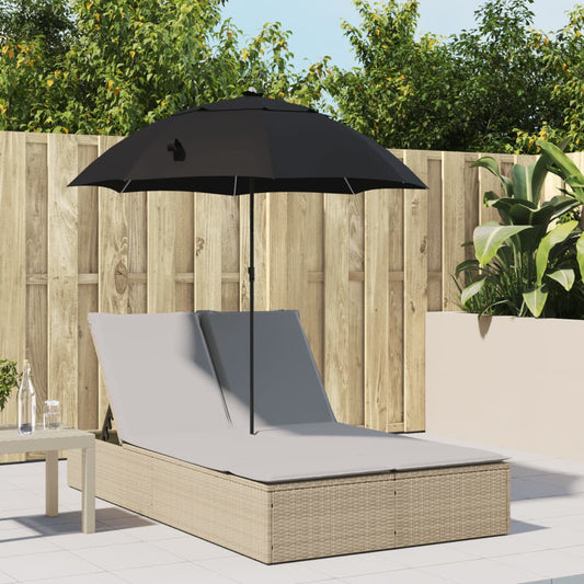 Double sun lounger with cushions and parasol in PE wicker, beige