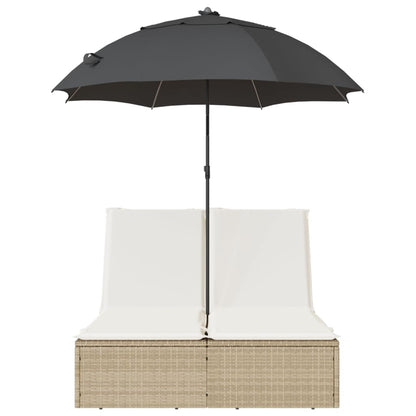 Double sun lounger with cushions and parasol in PE wicker, beige