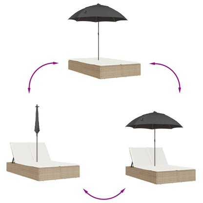 Double sun lounger with cushions and parasol in PE wicker, beige