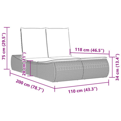 Double sun lounger with cushions in black poly rattan