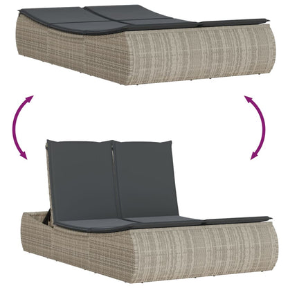 Double sun lounger with cushions in light grey poly rattan