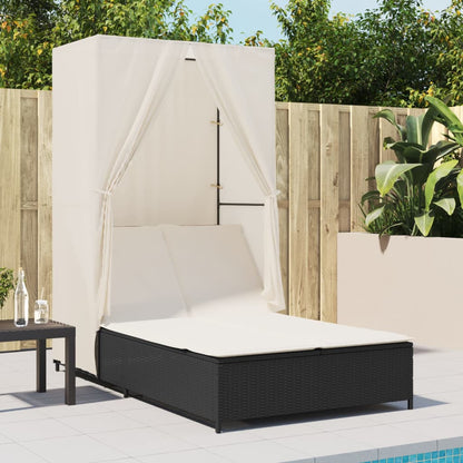 Double sun lounger with roof and curtains in black PE wicker