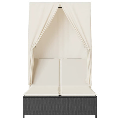 Double sun lounger with roof and curtains in black PE wicker