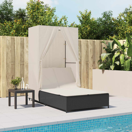 Double sun lounger with roof and curtains in black PE wicker