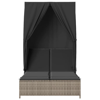 Double sun lounger with roof and curtains in grey poly rattan