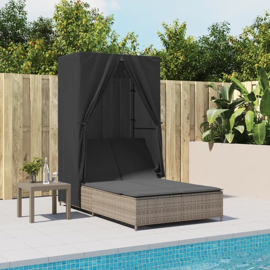 Double sun lounger with roof and curtains in grey poly rattan