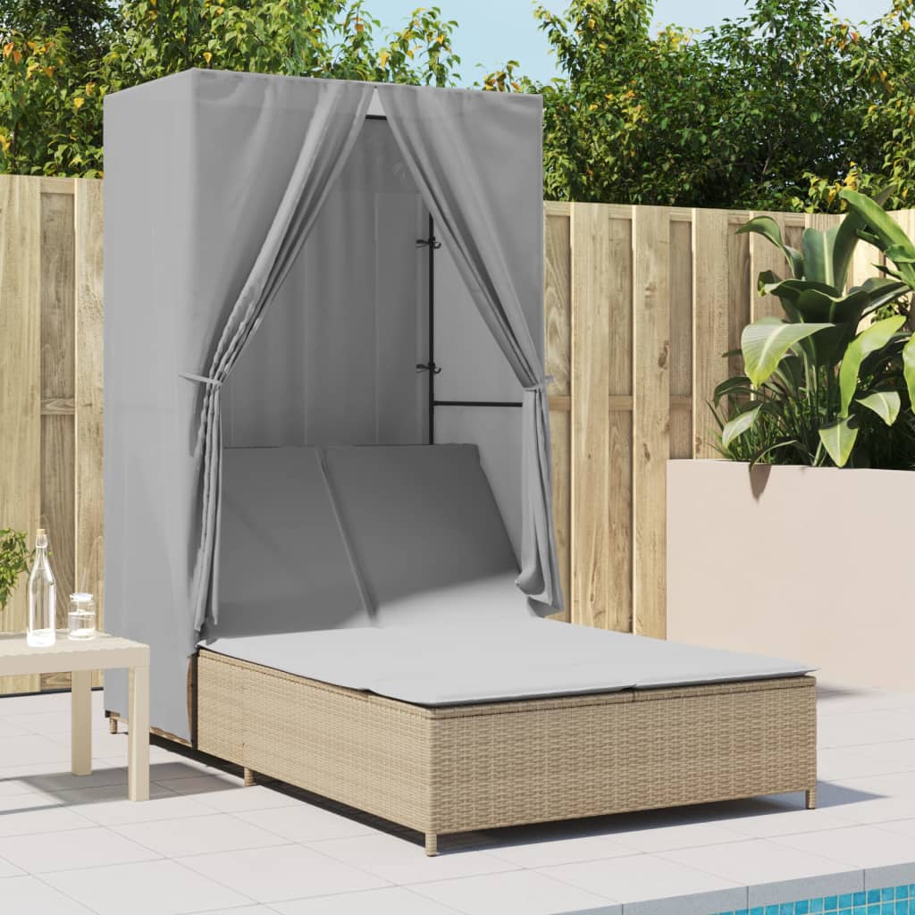 Double sun lounger with roof and curtains in beige PE wicker