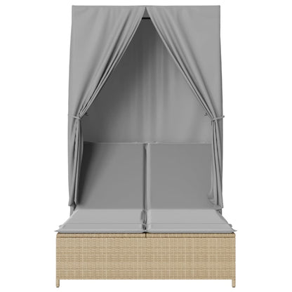 Double sun lounger with roof and curtains in beige PE wicker