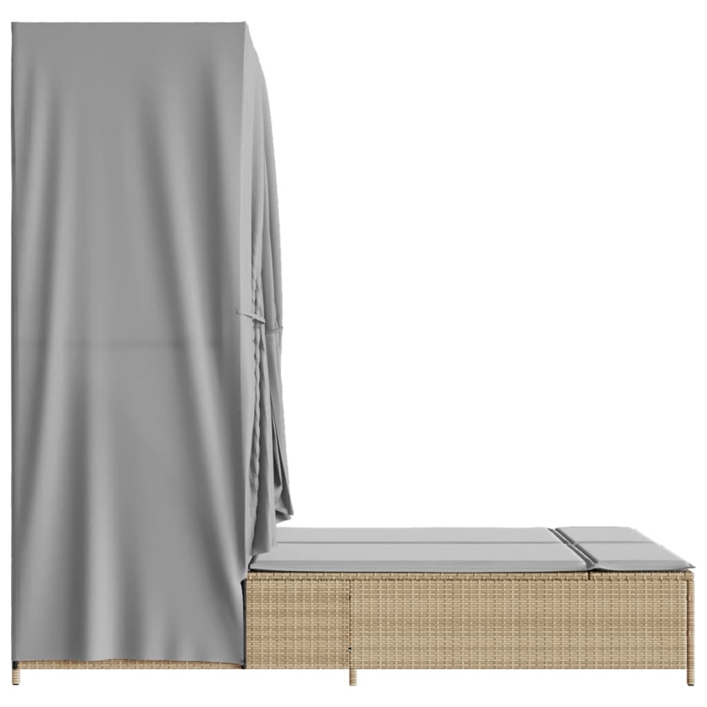 Double sun lounger with roof and curtains in beige PE wicker