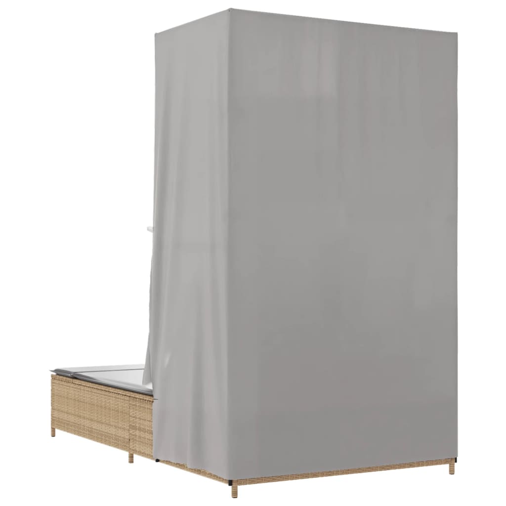 Double sun lounger with roof and curtains in beige PE wicker