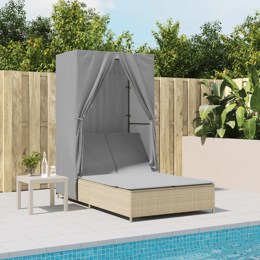 Double sun lounger with roof and curtains in beige PE wicker