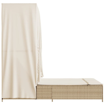 Double sun lounger with roof and curtains in beige PE wicker