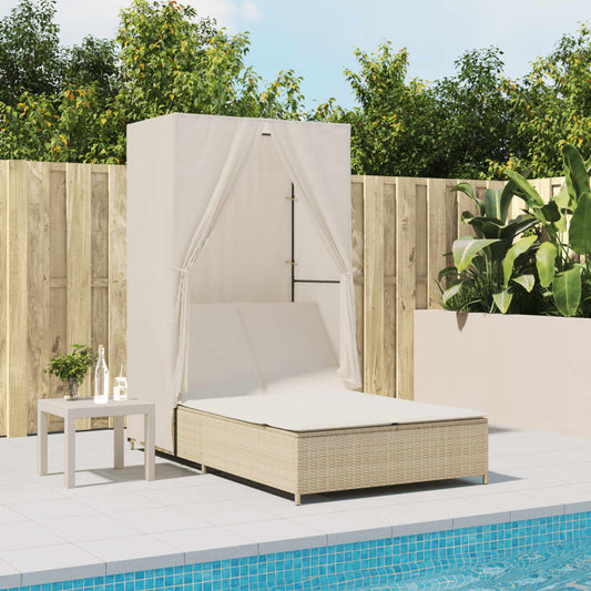 Double sun lounger with roof and curtains in beige PE wicker