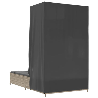 Double sun lounger with roof and curtains in light grey poly rattan
