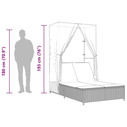 Double sun lounger with roof and curtains in light grey poly rattan