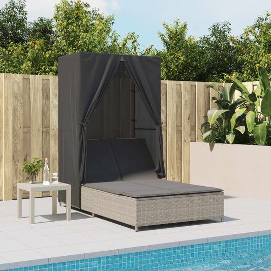 Double sun lounger with roof and curtains in light grey poly rattan