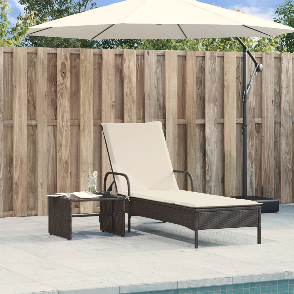 Sun lounger with wheels and cushion in black PE wicker