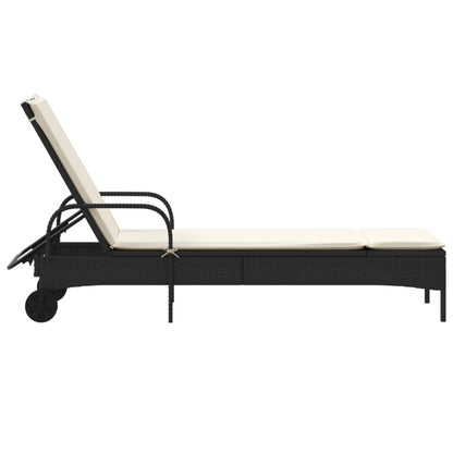 Sun lounger with wheels and cushion in black PE wicker