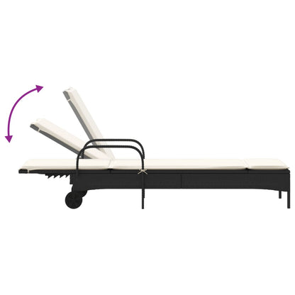 Sun lounger with wheels and cushion in black PE wicker
