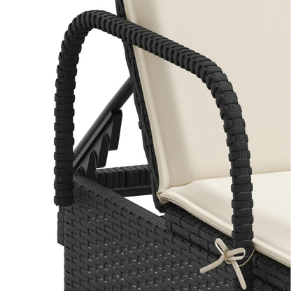 Sun lounger with wheels and cushion in black PE wicker