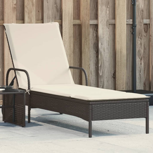 Sun lounger with wheels and cushion in black PE wicker
