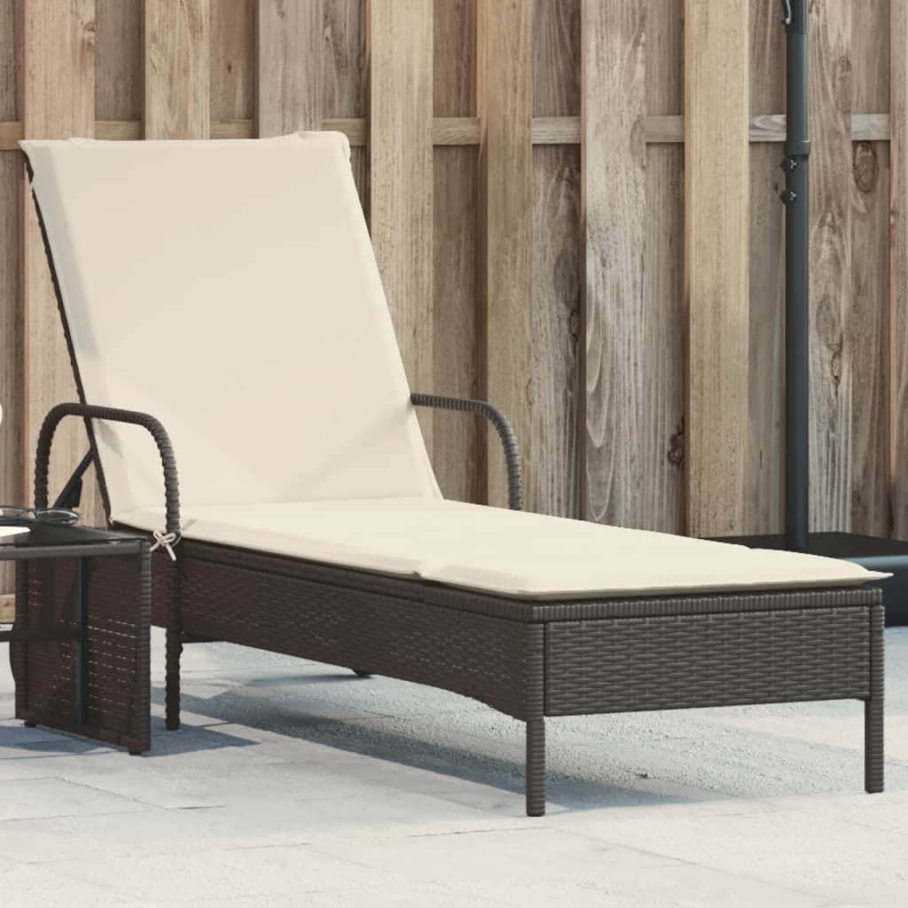 Sun lounger with wheels and cushion in black PE wicker
